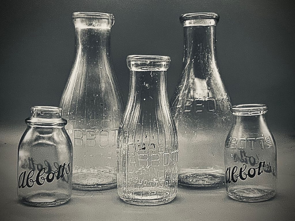 A collection of glass milk bottles