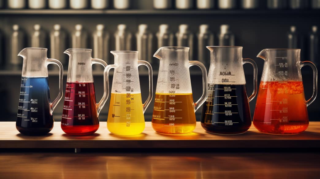 A table of measuring jugs filled with different liquids