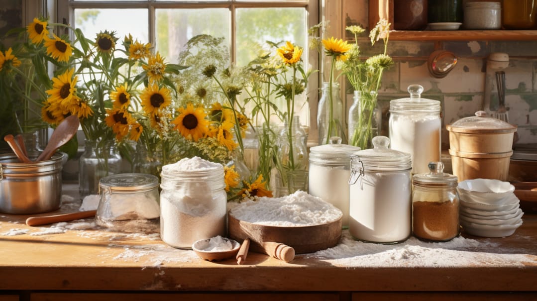 a sunny country kitchen counter with flour sugar oil