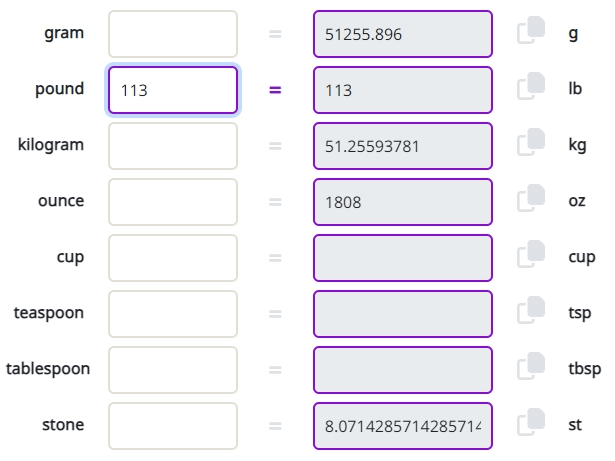 Image of a conversion calculator showing 113lb in kg