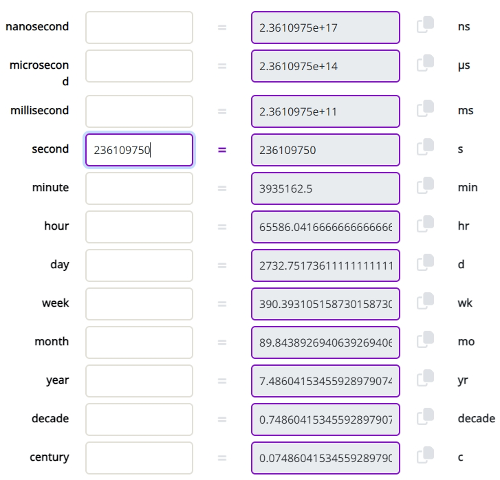 A conversion calculator showing 236109750 seconds to years as well as other time units