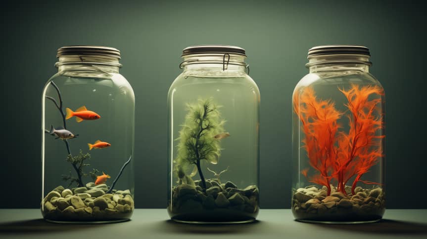 A photo of 3 large jar containing water with plants and fish