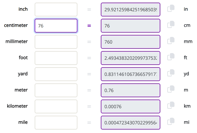 A conversion calculator showing 76cm as inches as well as other equivalent length values